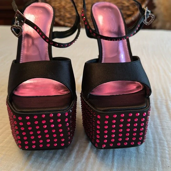 New Dolls Kill Kiss Me Goodnight Satin Platform Heels - Picture 8 of 15